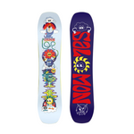 Salomon Junior's Team Snowboard with Goodtime Bindings 2026 - A light blue snowboard with a cartoon character and red, yellow, green, and purple graphics.