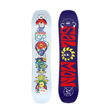 Salomon Junior's Team Snowboard with Goodtime Bindings 2026 - A light blue snowboard with a cartoon character and red, yellow, green, and purple graphics.