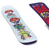 Salomon Junior's Team Snowboard with Goodtime Bindings 2026 - A snowboard with a blue background and colorful cartoon characters, featuring a red flower on top of a purple circle near the middle.