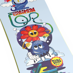 Salomon Junior's Team Snowboard with Goodtime Bindings 2026 - A blue snowboard with a red and yellow logo at the top, featuring a cartoon character riding it down a snowy slope.