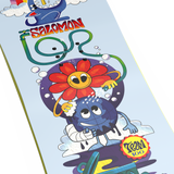 Salomon Junior's Team Snowboard with Goodtime Bindings 2026 - A blue snowboard with a red and yellow logo at the top, featuring a cartoon character riding it down a snowy slope.