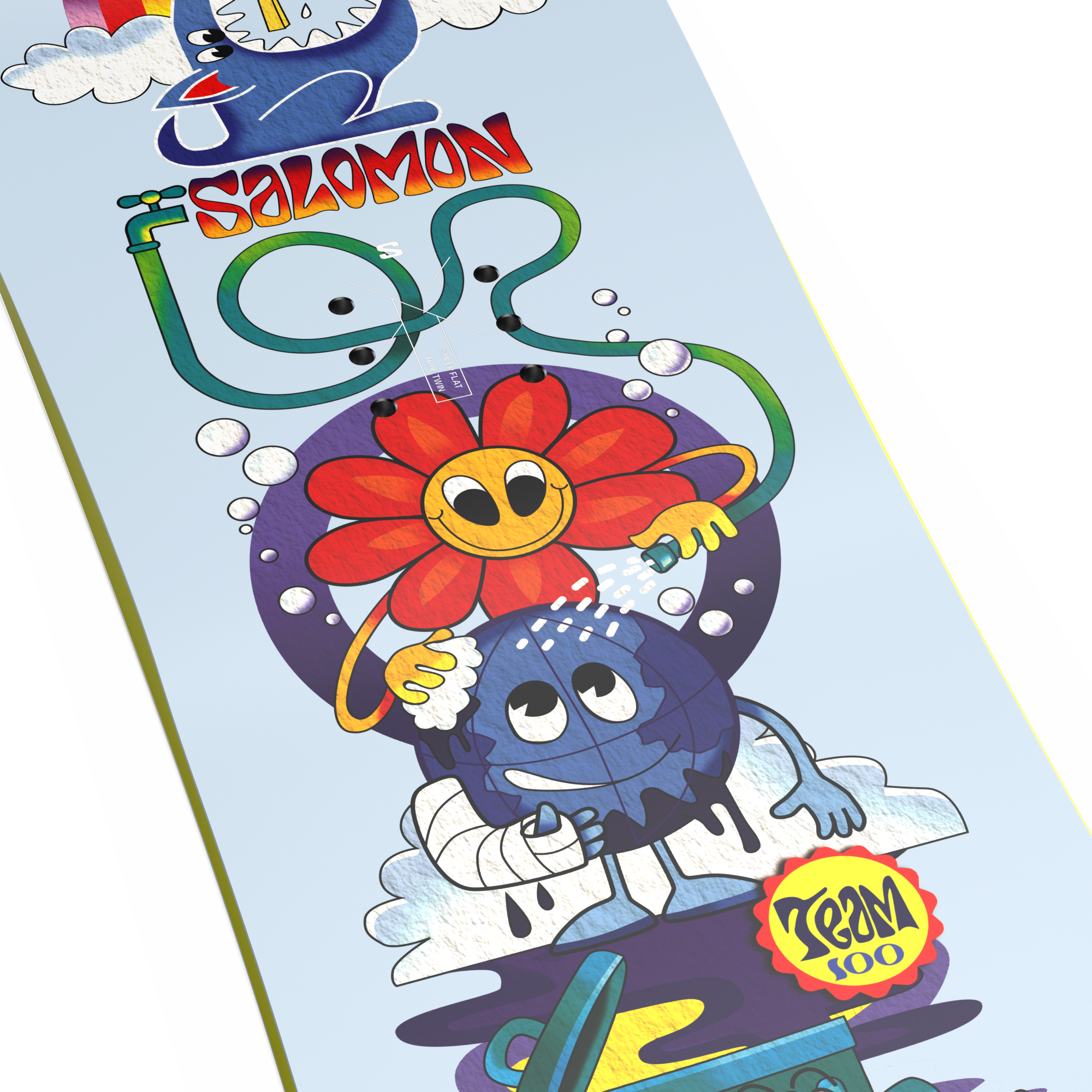 Salomon Junior's Team Snowboard with Goodtime Bindings 2026 - A blue snowboard with a red and yellow logo at the top, featuring a cartoon character riding it down a snowy slope.