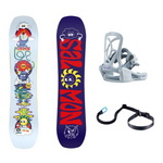 Salomon Junior's Team Snowboard with Goodtime Bindings 2026 - A light blue snowboard with a cartoon design featuring various characters, including a smiling sun and a cloud.