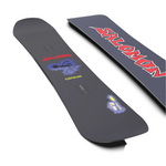 Salomon Sleepwalker Snowboard 2026 - A dark gray snowboard with a blue graphic of a person walking in the woods, and red lettering that says "SALOMON" at the top.