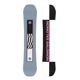 Salomon Kickback Snowboard 2026 - A black snowboard with a white logo and pink lettering on top of it.