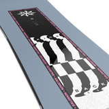 Salomon Kickback Snowboard 2026 - A black snowboard with a white logo and text on top, featuring three silhouetted skiers in white against a gray background.