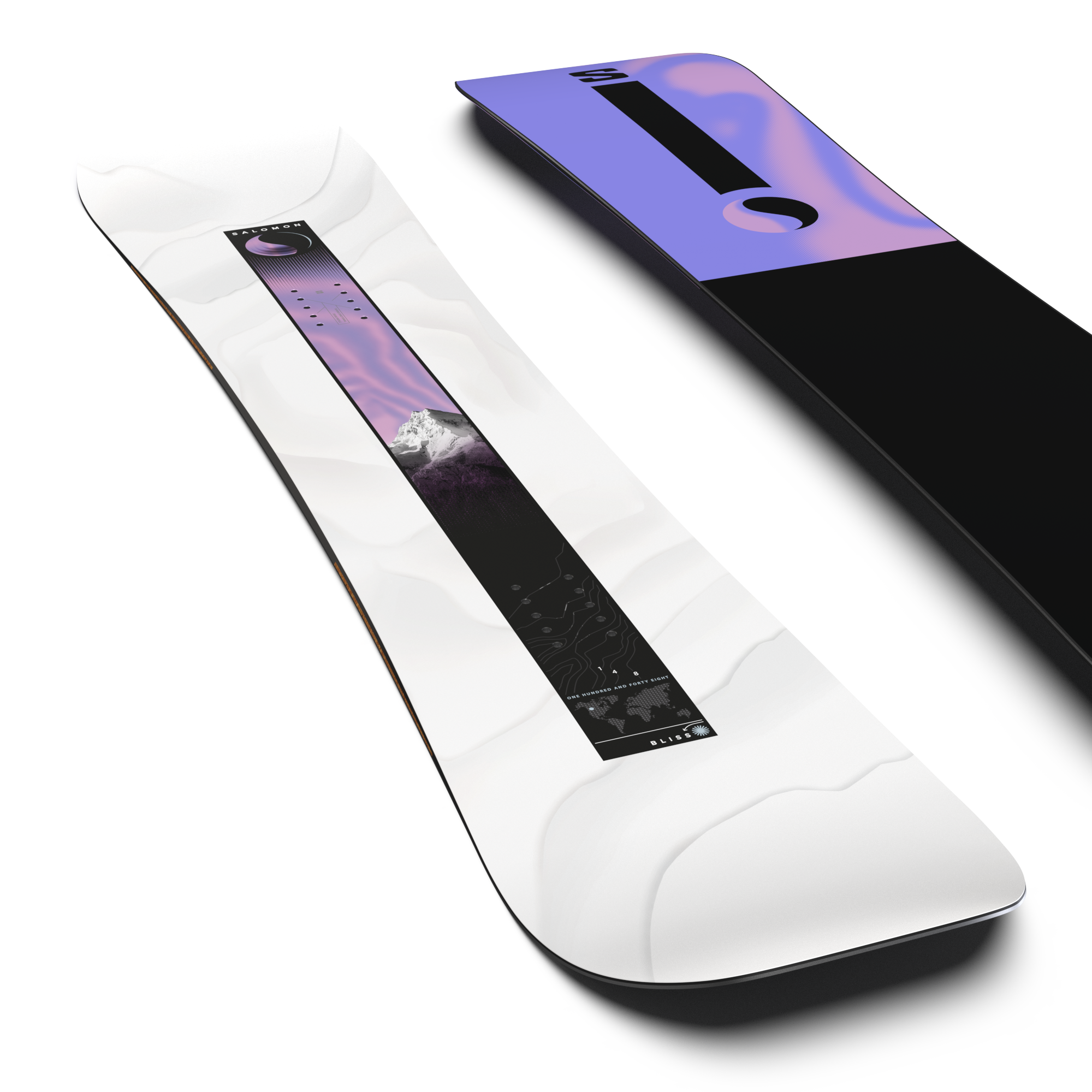 Solomon Women's Bliss Snowboard - A white snowboard with a black stripe down the middle and a purple logo at the top.