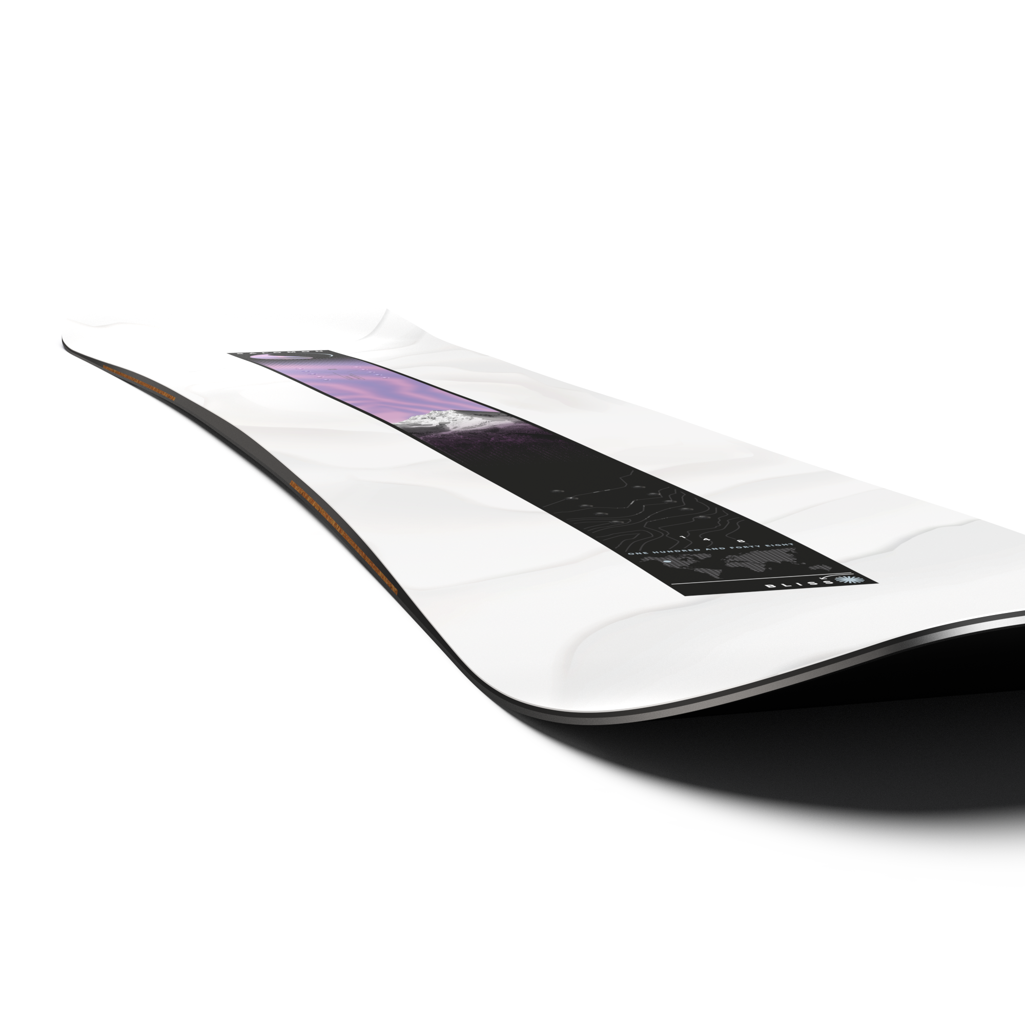 Solomon Women's Bliss Snowboard - A white snowboard with a purple graphic on top, featuring a mountainous landscape and clouds in the sky.