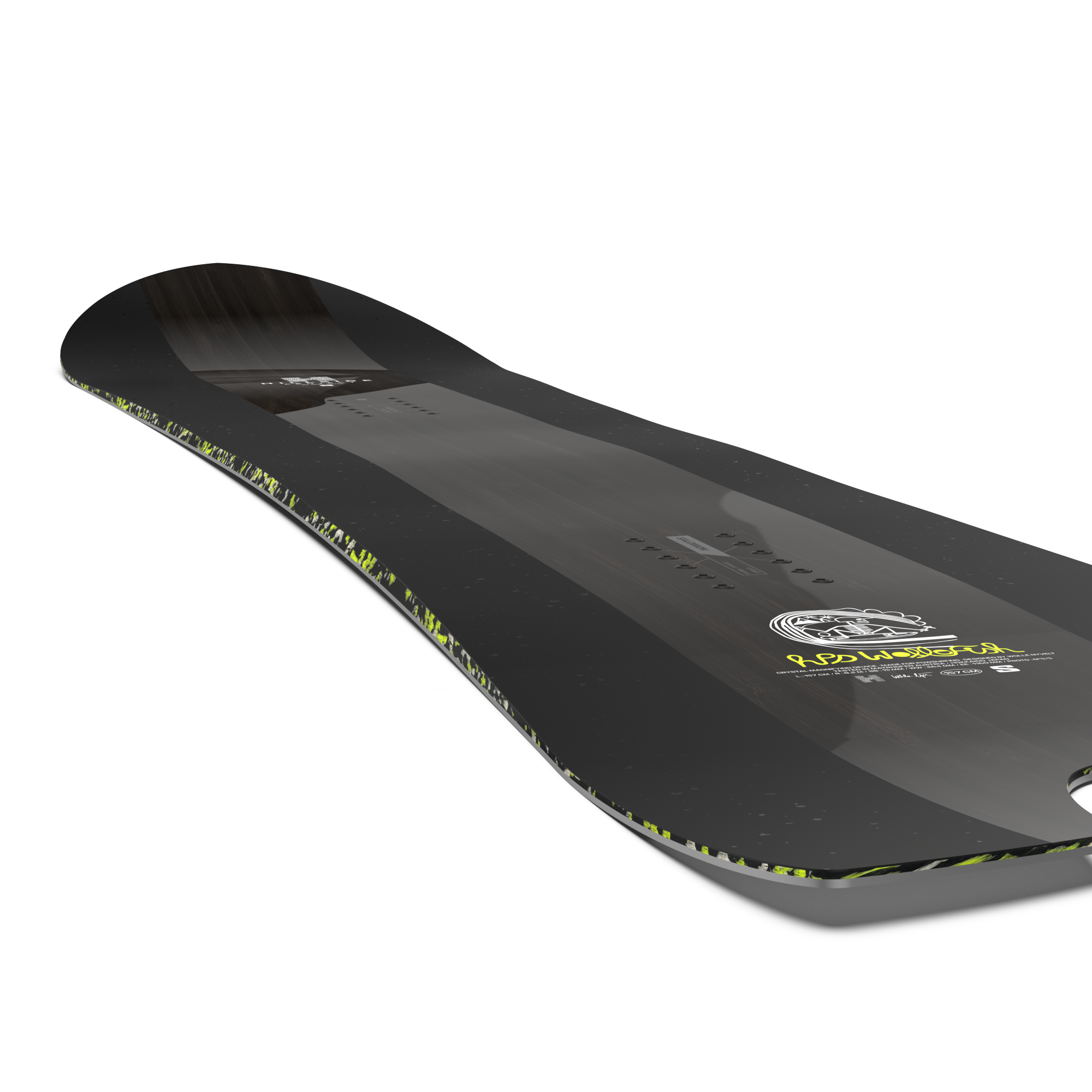 Salomon HPS Wolle Nyvelt Fish Snowboard 2026 - A black snowboard with a fish-shaped tail and neon green accents on the edges.