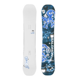 Salomon Abstract Snowboard 2026 - A white snowboard with a blue abstract design and a cartoon character in the bottom left corner.