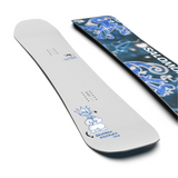 Salomon Abstract Snowboard 2026 - A white snowboard with a blue cartoon character and abstract design on its bottom edge.