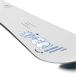 Salomon Abstract Snowboard 2026 - White snowboard with blue abstract design on top and black bindings at the front.