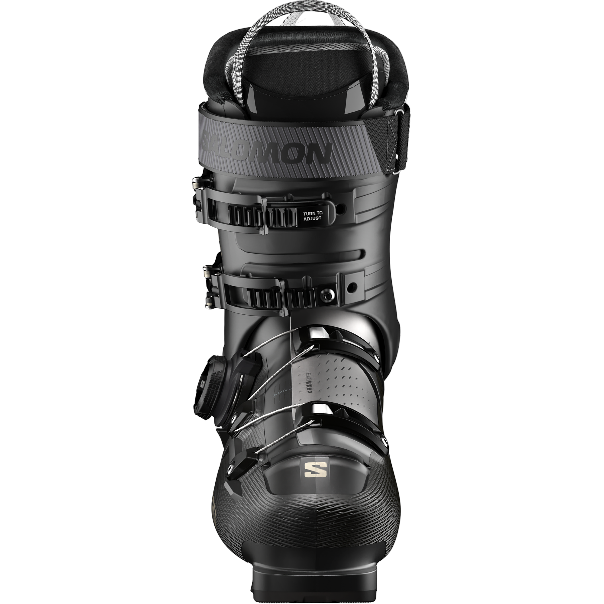 Salomon Women's Supra 85 BOA - Black snowboard boots with a textured pattern on the toe and heel, featuring a BOA closure system.