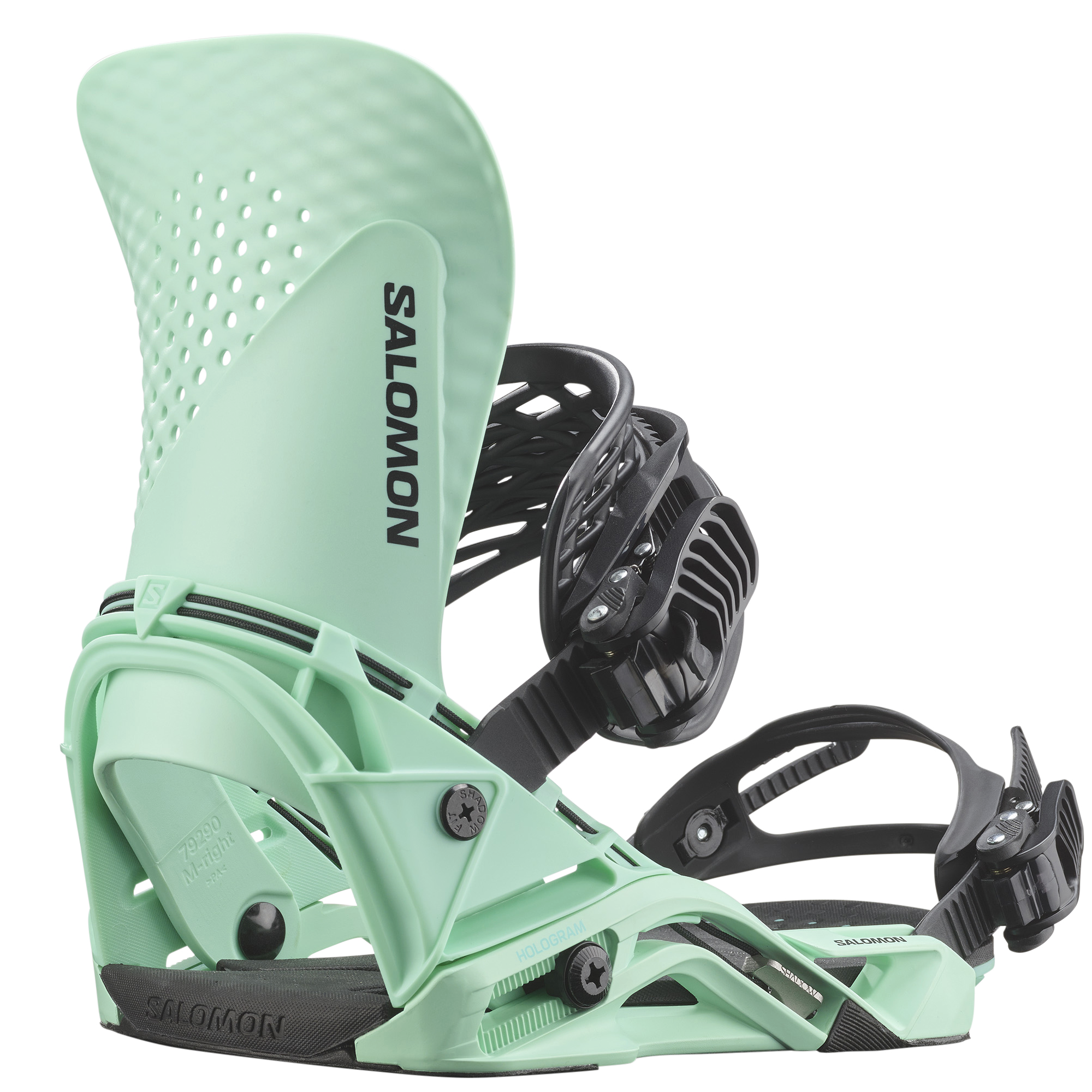 Salomon Hologram Snowboard Bindings 2026 - A pair of mint green snowboard bindings with black buckles and straps, viewed from the side against a white background.
