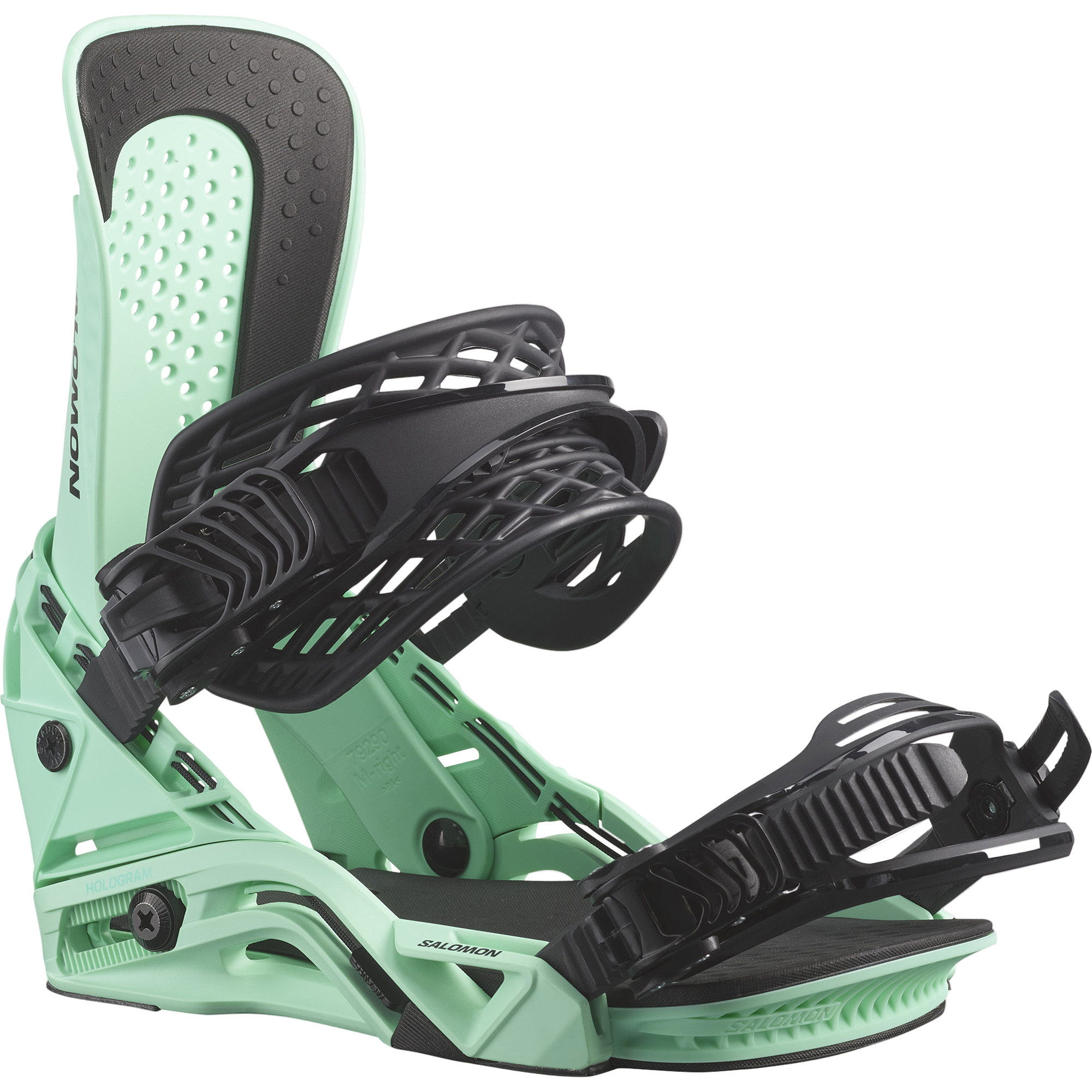 Salomon Hologram Snowboard Bindings 2026 - A pair of mint green snowboard bindings with black straps and buckles, featuring a textured pattern on the baseplate.