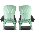 Salomon Hologram Snowboard Bindings 2026 - A pair of mint green snowboard bindings with black buckles and straps, featuring a textured pattern on the top plate.