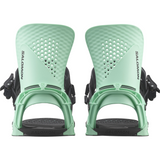 Salomon Hologram Snowboard Bindings 2026 - A pair of mint green snowboard bindings with black buckles and straps, featuring a textured pattern on the top plate.