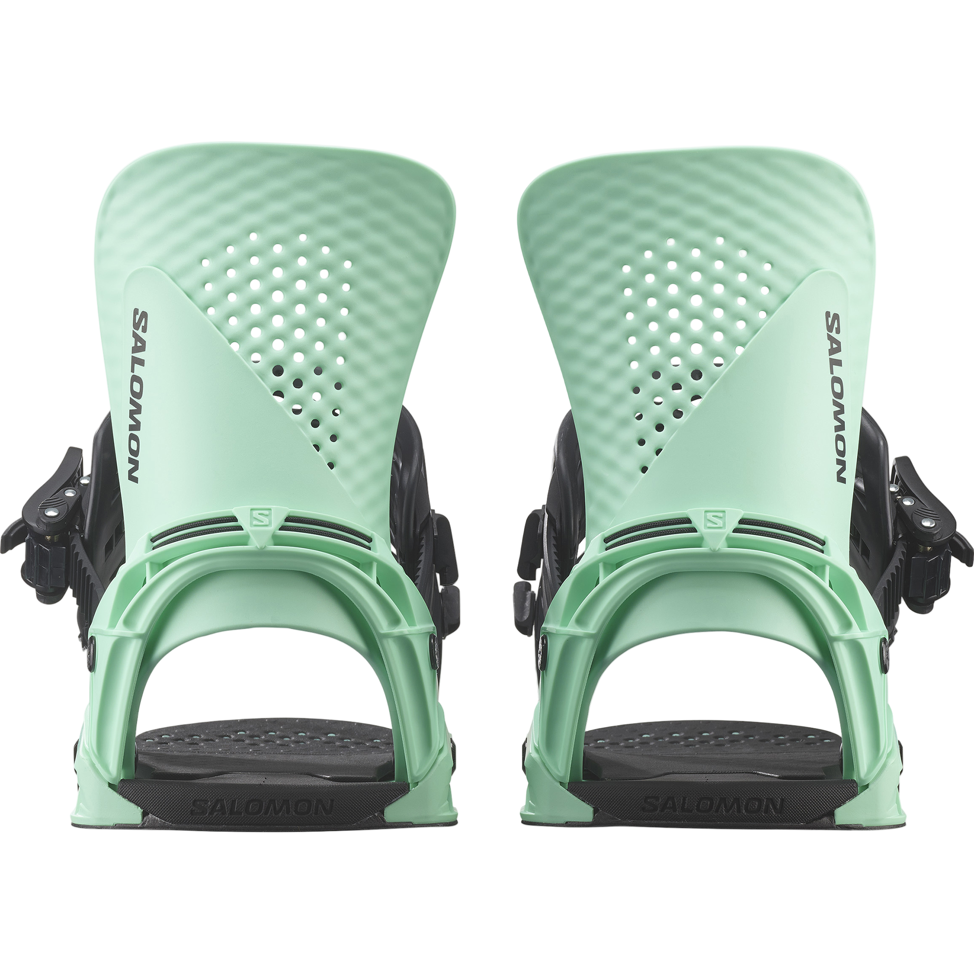 Salomon Hologram Snowboard Bindings 2026 - A pair of mint green snowboard bindings with black buckles and straps, featuring a textured pattern on the top plate.