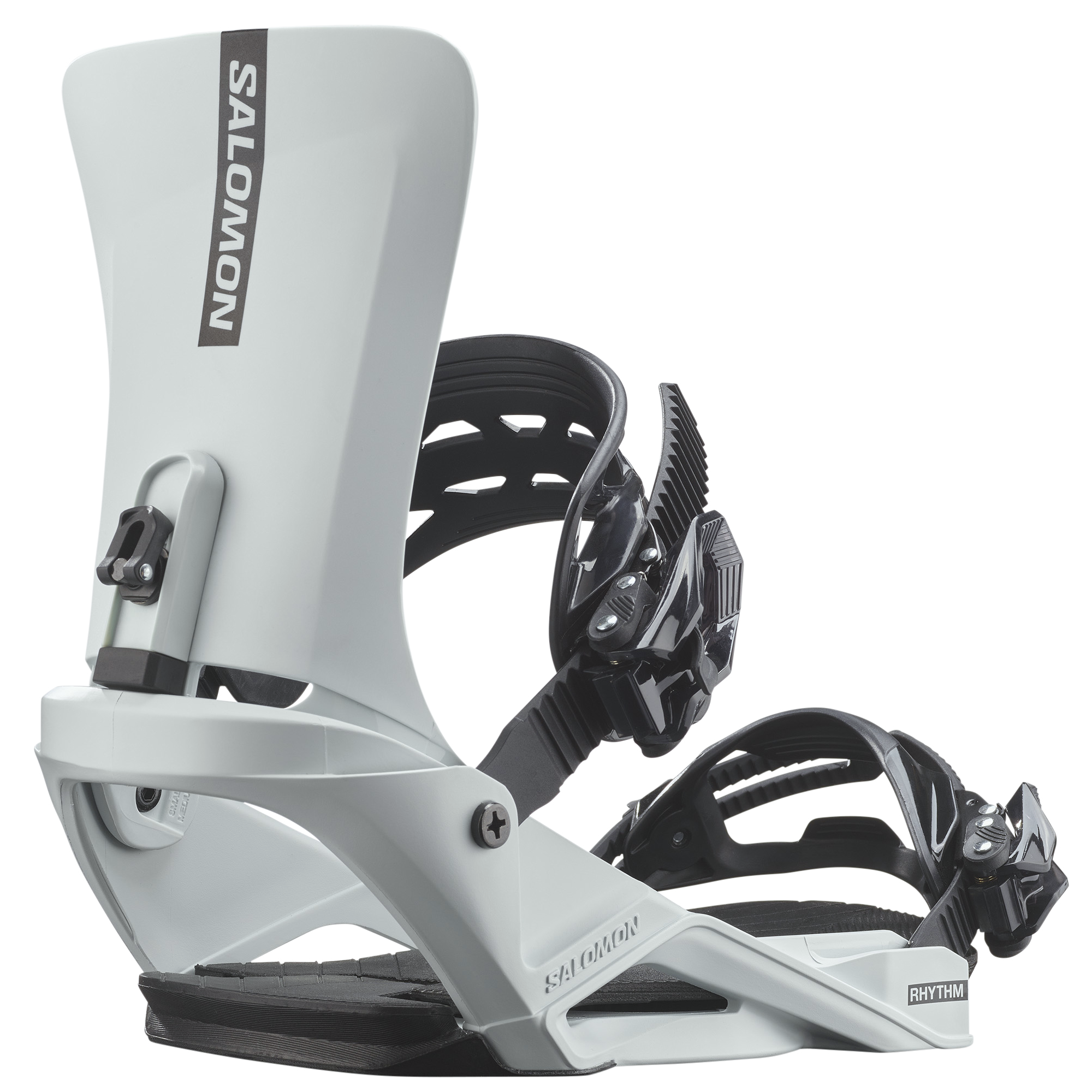 Salomon Rhythm Snowboard Bindings - White bindings with black buckles and straps.