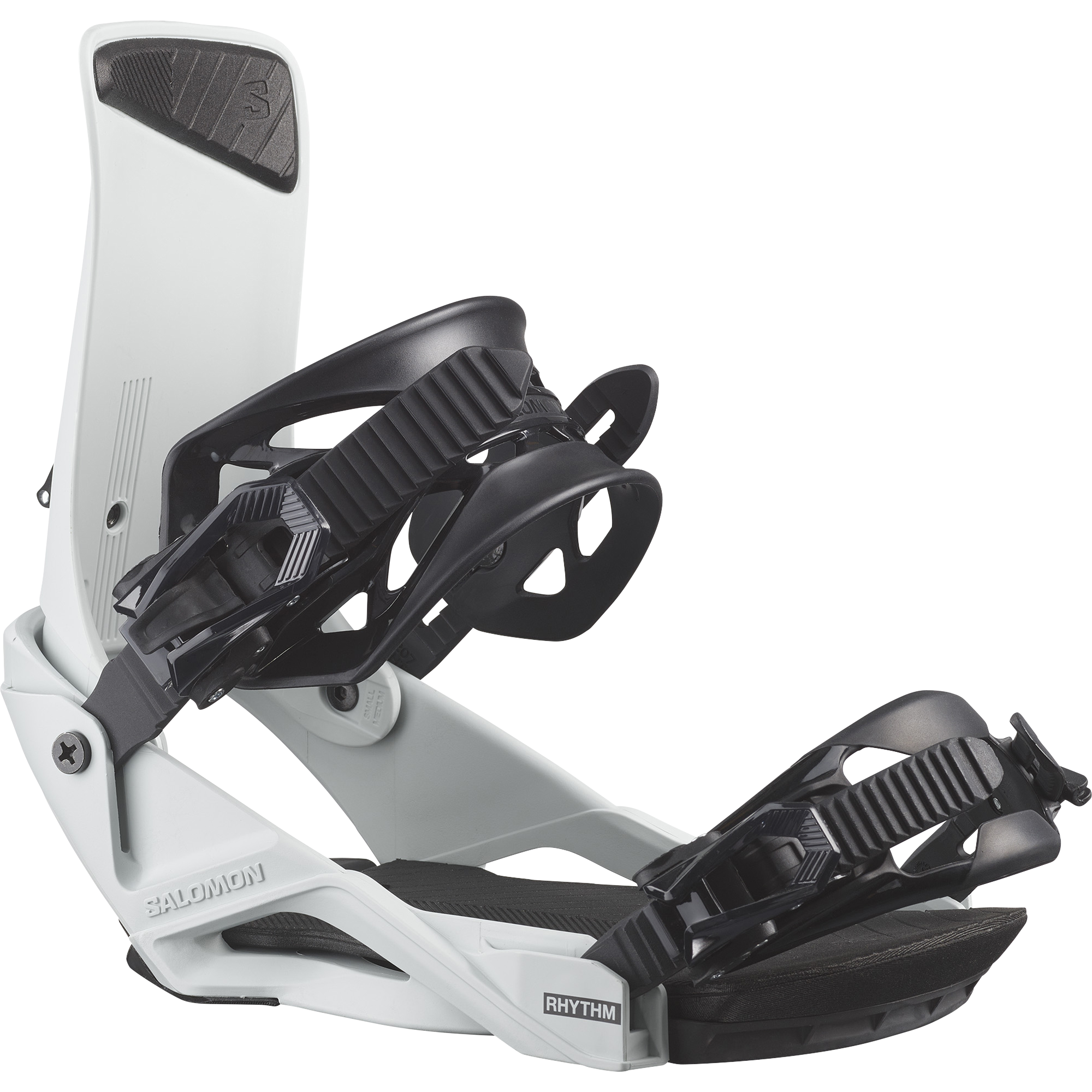 Salomon Rhythm Snowboard Bindings - White bindings with black straps and buckles.