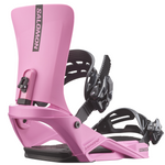 Salomon Rhythm Snowboard Bindings - A pair of pink snowboard bindings with black buckles and straps, featuring a sleek design with visible brand logo on top.