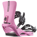 Salomon Rhythm Snowboard Bindings - A pair of pink snowboard bindings with black buckles and straps, featuring a sleek design with visible brand logo on top.