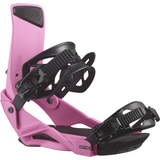 Salomon Rhythm Snowboard Bindings - A pair of pink snowboard bindings with black buckles and straps.