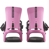 Salomon Rhythm Snowboard Bindings - A pair of pink snowboard bindings with black buckles and straps, viewed from the front.