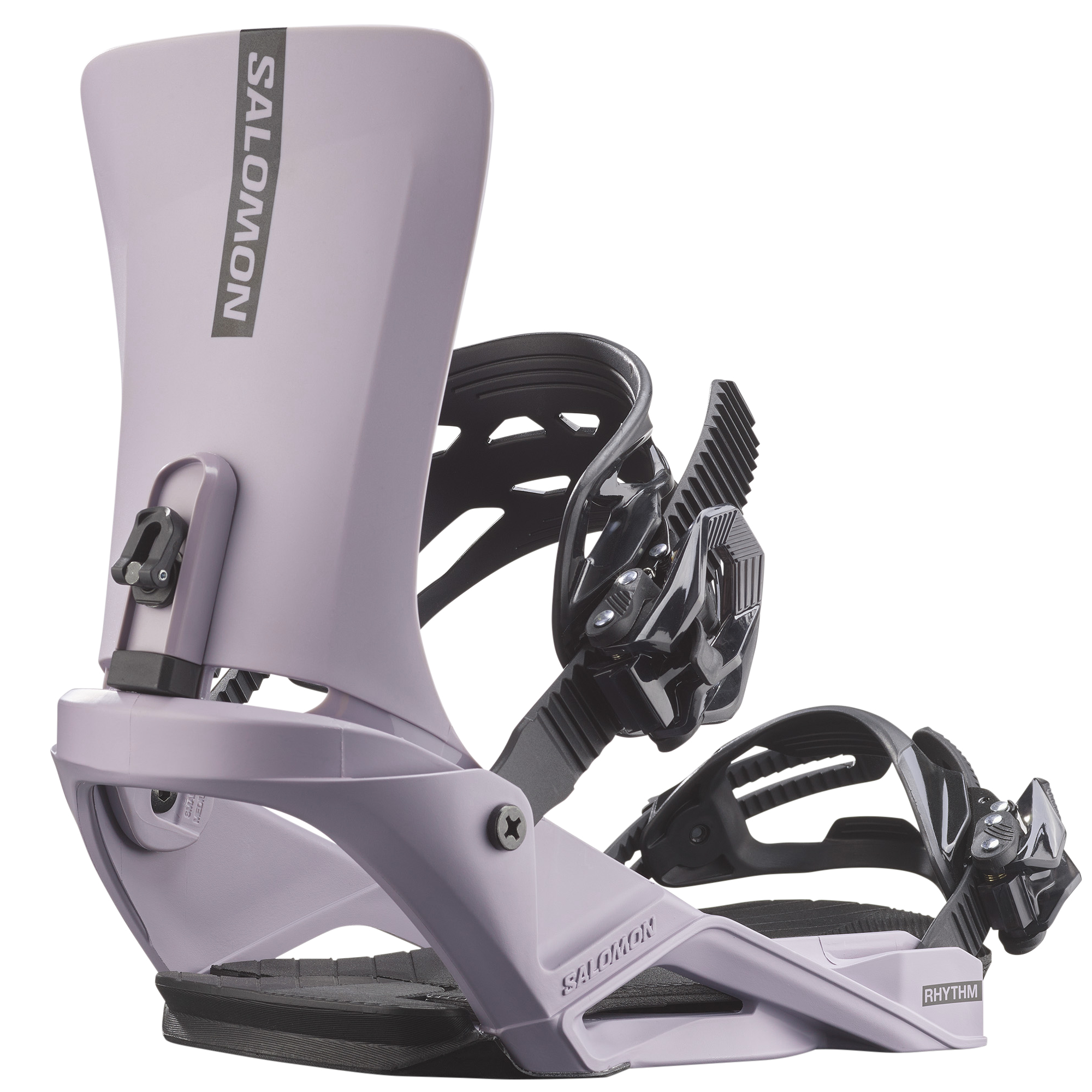 Salomon Rhythm Snowboard Bindings - A pair of snowboard bindings with a sleek, modern design and a predominantly black color scheme.