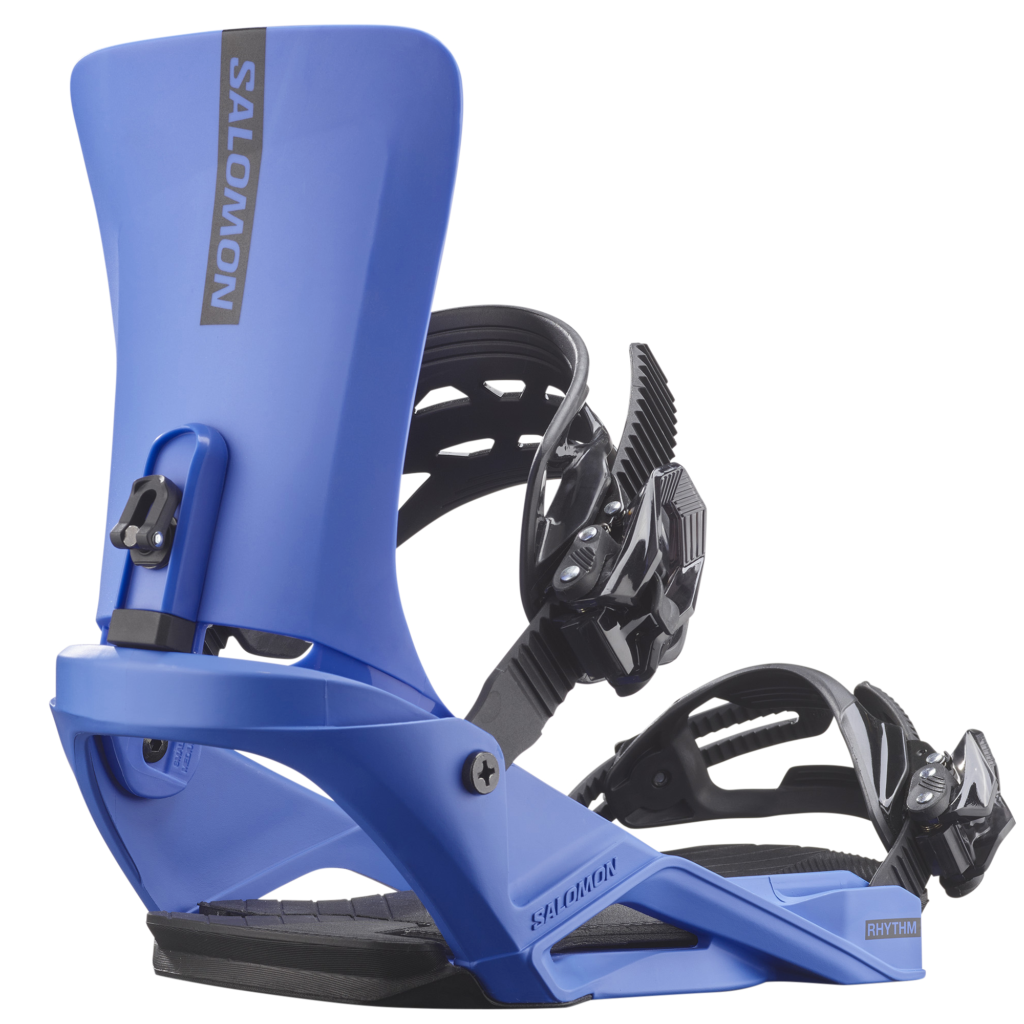 Salomon Rhythm Snowboard Bindings - A pair of blue snowboard bindings with black buckles and straps.