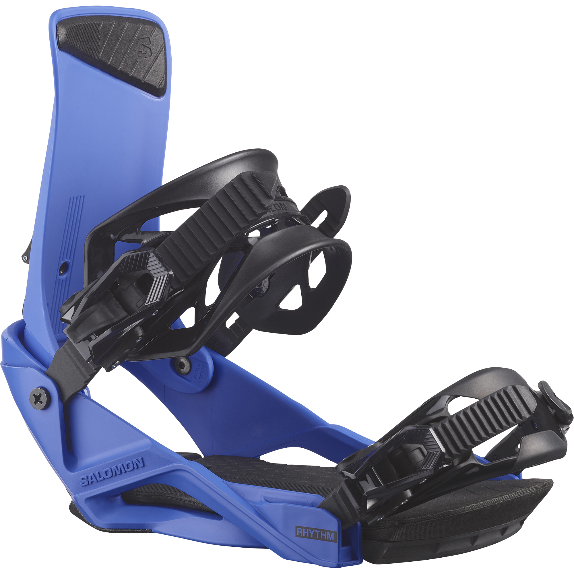 Salomon Rhythm Snowboard Bindings - A pair of blue snowboard bindings with black buckles and straps.