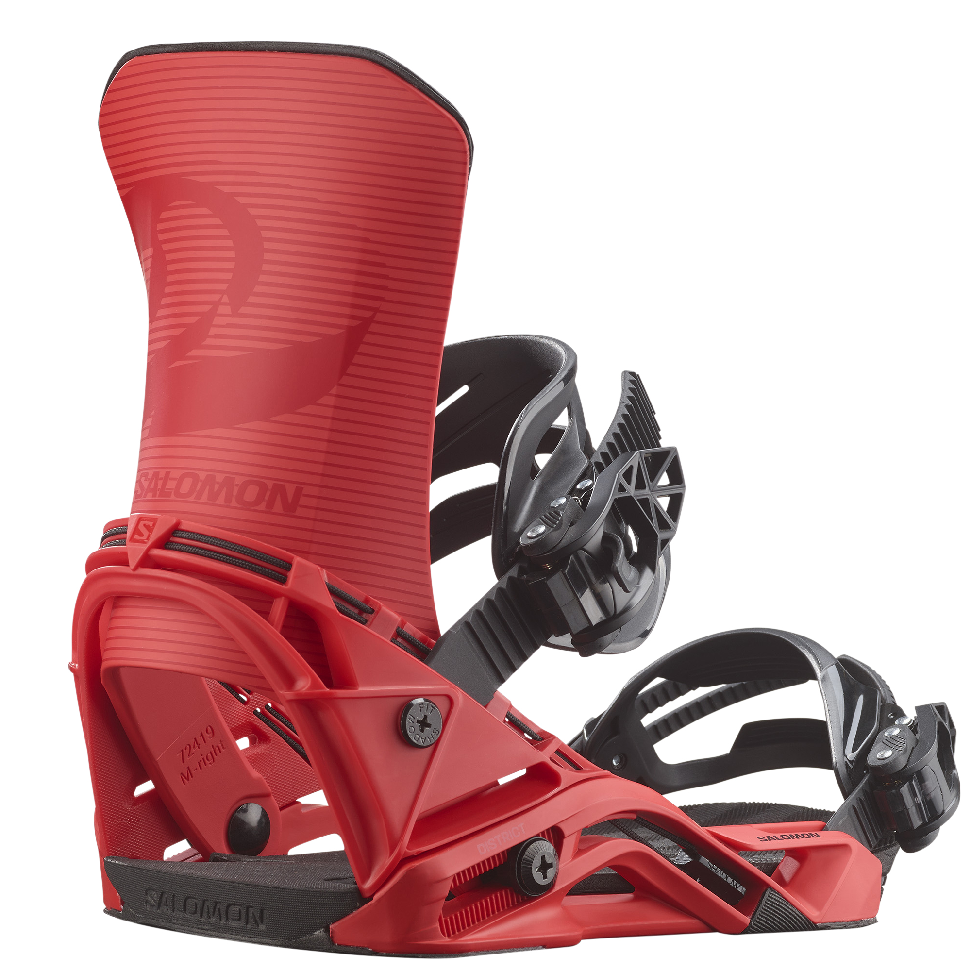 Salomon District Snowboard Bindings - A pair of red snowboard bindings with black buckles and straps, featuring a textured pattern on the baseplate.