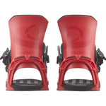 Salomon District Snowboard Bindings - A pair of red snowboard bindings with black buckles and straps, featuring a textured pattern on the baseplate.