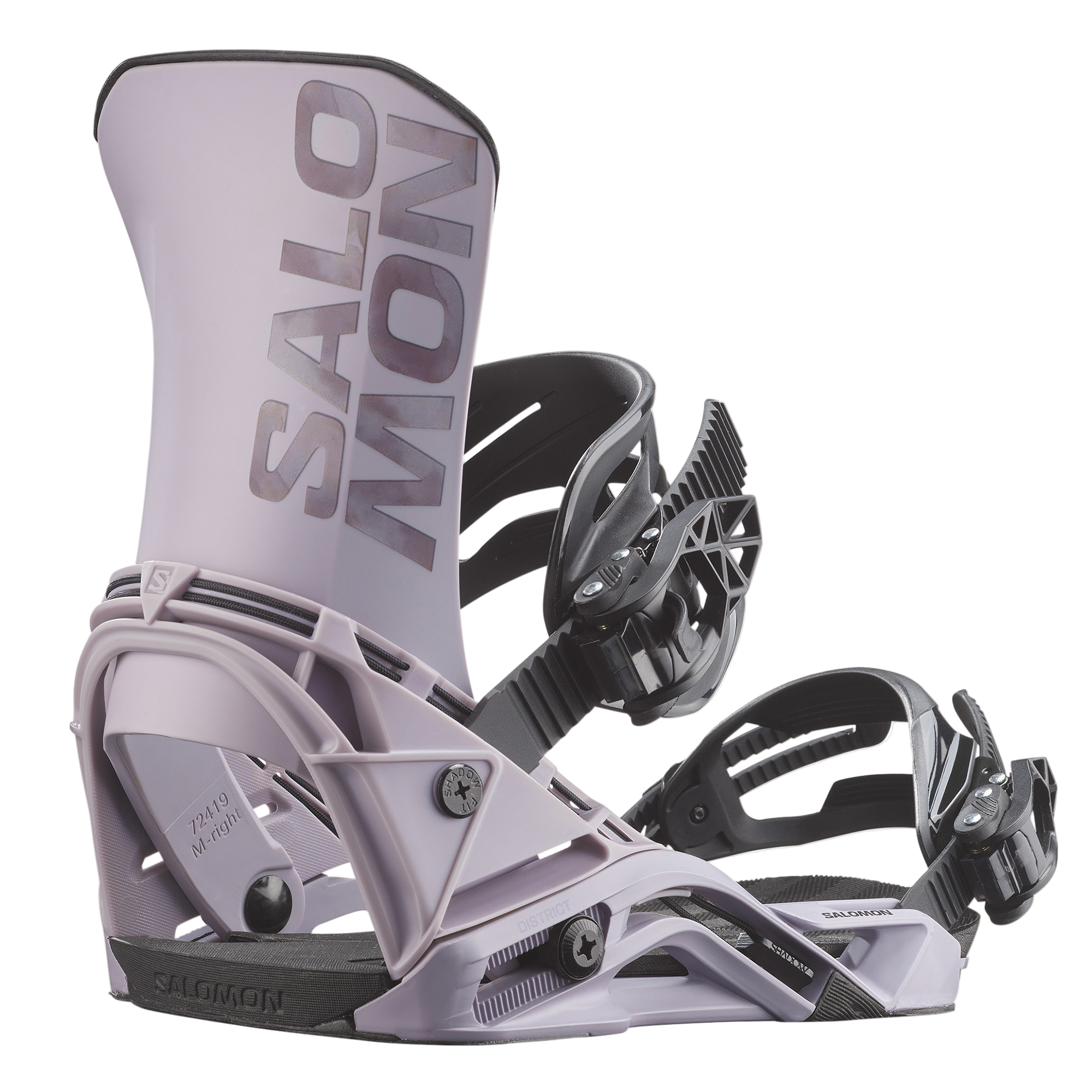 Salomon District Snowboard Bindings - A pair of snowboard bindings with a predominantly black color scheme, featuring silver hardware and a sleek design.