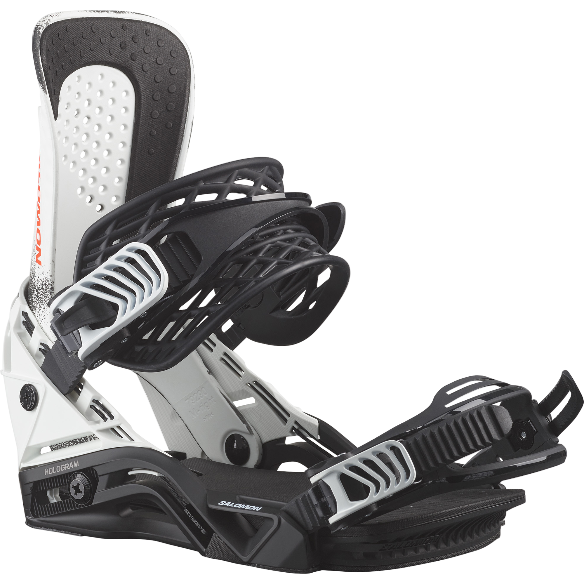Salomon Hologram Snowboard Bindings - 2026 bindings with a predominantly black base and silver accents on the buckles.