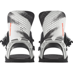 Salomon Hologram Snowboard Bindings 2026 - A pair of snowboard bindings with a predominantly black base and silver accents, featuring a holographic pattern on the straps.