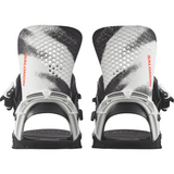 Salomon Hologram Snowboard Bindings 2026 - A pair of snowboard bindings with a predominantly black base and silver accents, featuring a holographic pattern on the straps.
