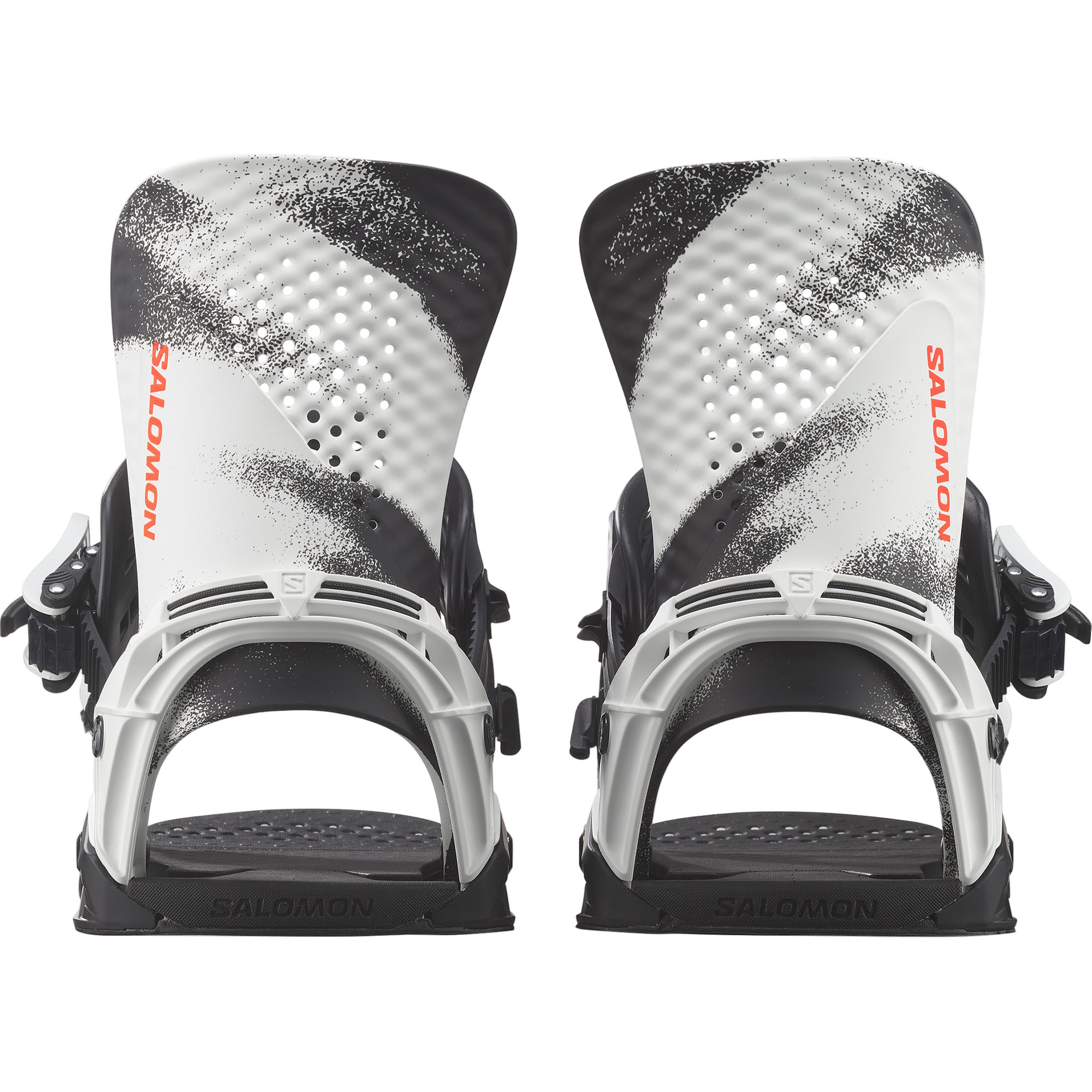 Salomon Hologram Snowboard Bindings 2026 - A pair of snowboard bindings with a predominantly black base and silver accents, featuring a holographic pattern on the straps.