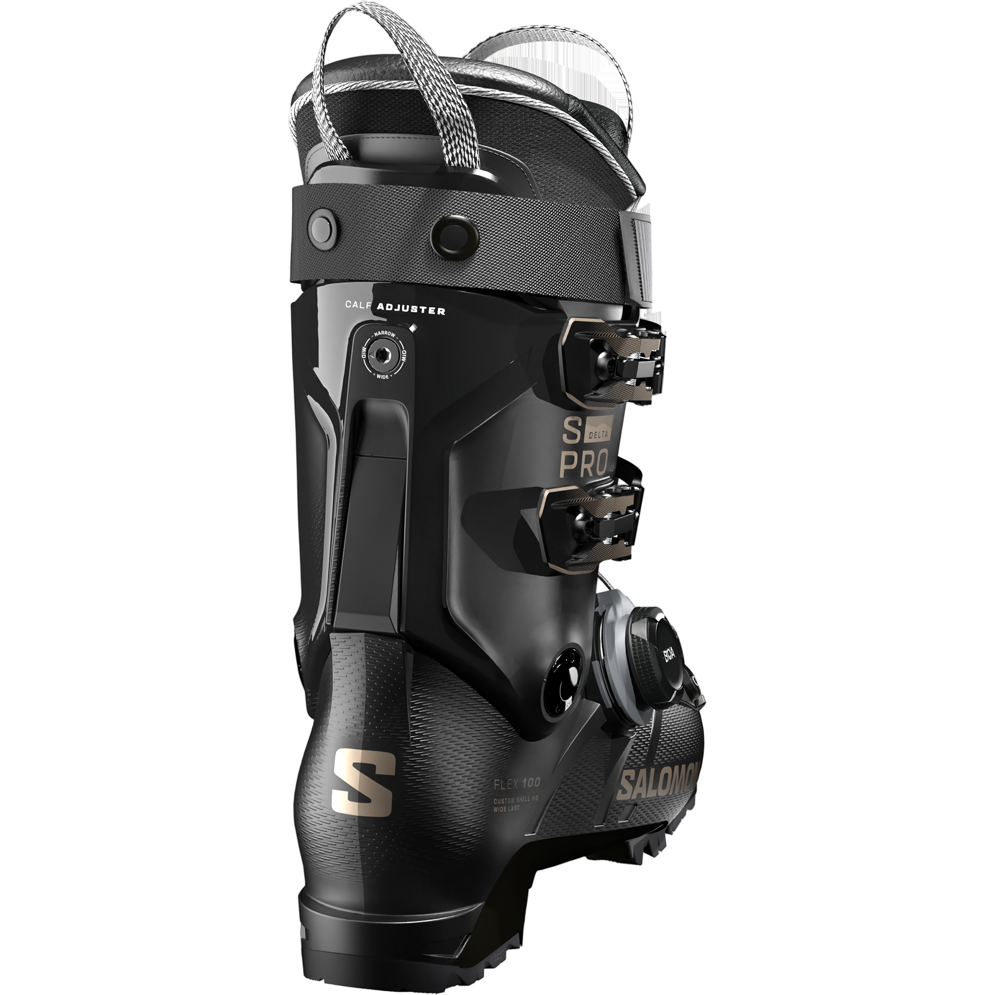 Salomon S/Pro Delta 100 BOA - Black ski boots with silver buckles and a textured pattern on the side.