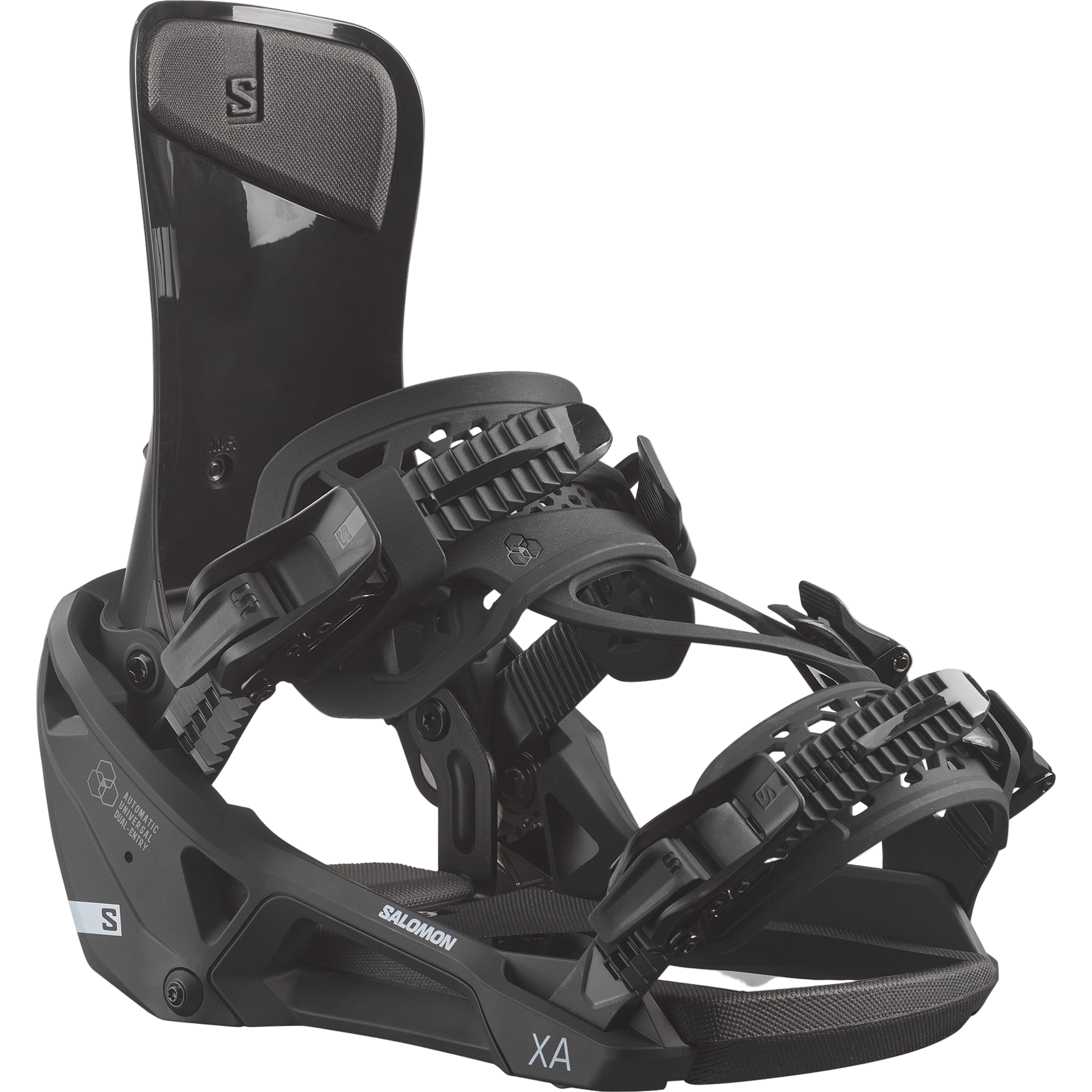 Salomon XA Supermatic Snowboard Bindings - Black bindings with silver buckles and straps.