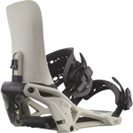 Salomon XA Supermatic Snowboard Bindings 2026 - A pair of snowboard bindings with a light gray base and black buckles, straps, and hardware.