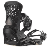 Salomon Highlander Snowboard Bindings - Black bindings with silver hardware, featuring a geometric pattern on the straps and a textured grip on the footbed.