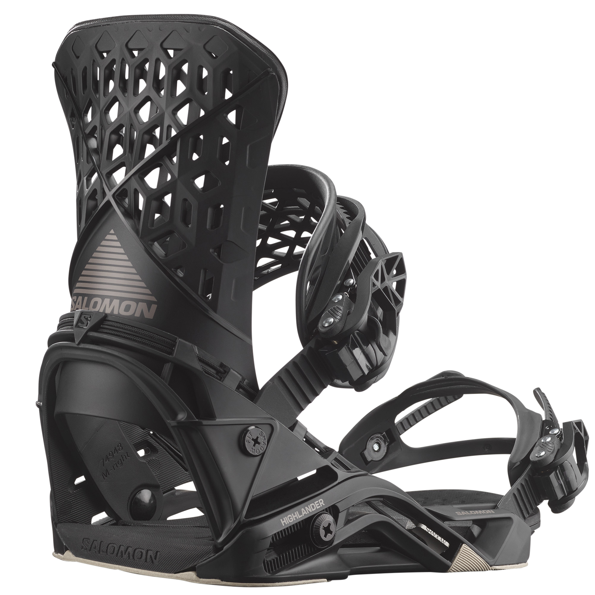 Salomon Highlander Snowboard Bindings - Black bindings with silver hardware, featuring a geometric pattern on the straps and a textured grip on the footbed.