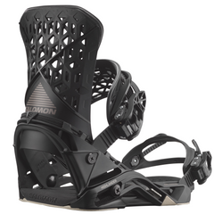 Salomon Highlander Snowboard Bindings - Black bindings with silver hardware, featuring a geometric pattern on the straps and a textured grip on the footbed.