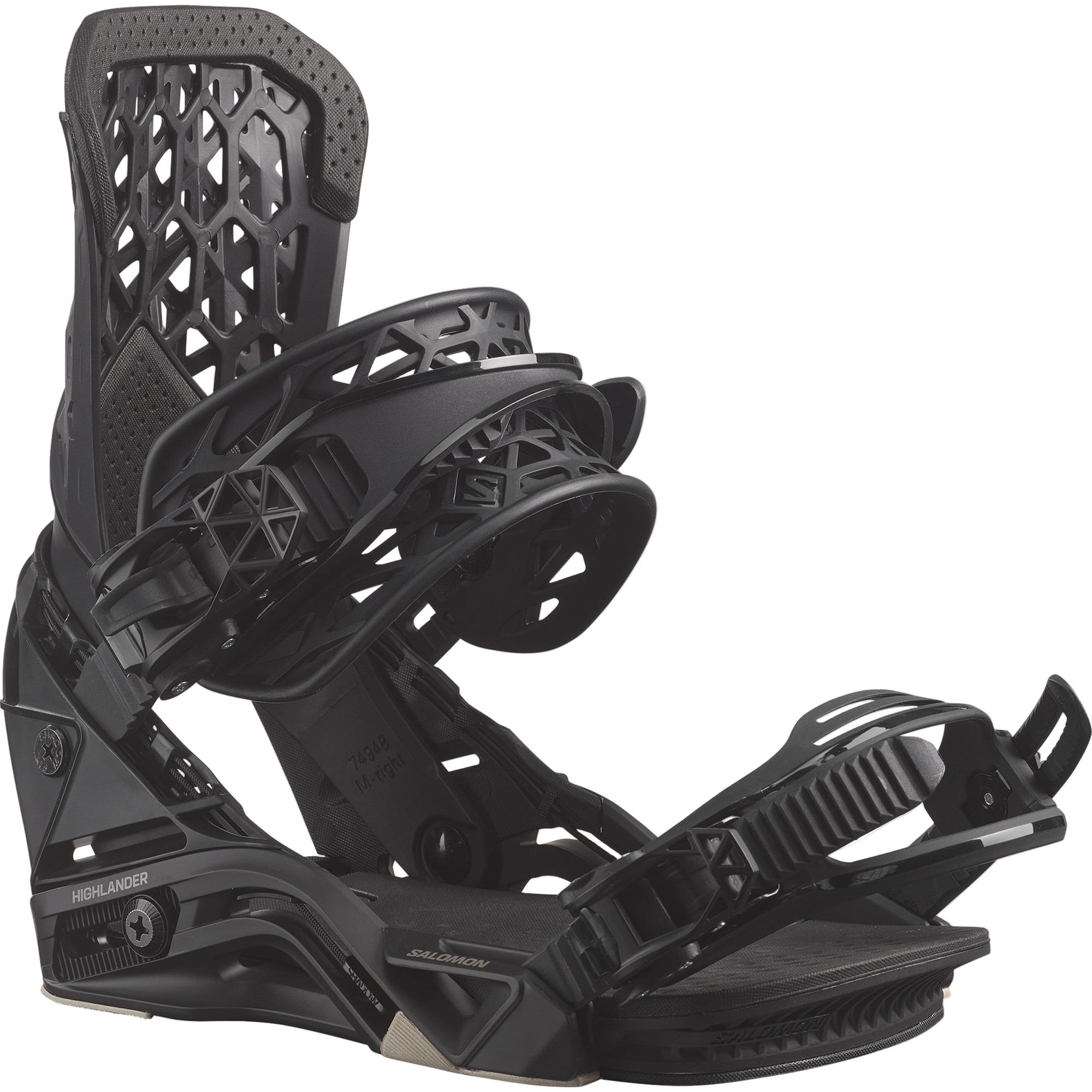 Salomon Highlander Snowboard Bindings - Black bindings with a geometric pattern on the straps and a textured grip strip on the baseplate.