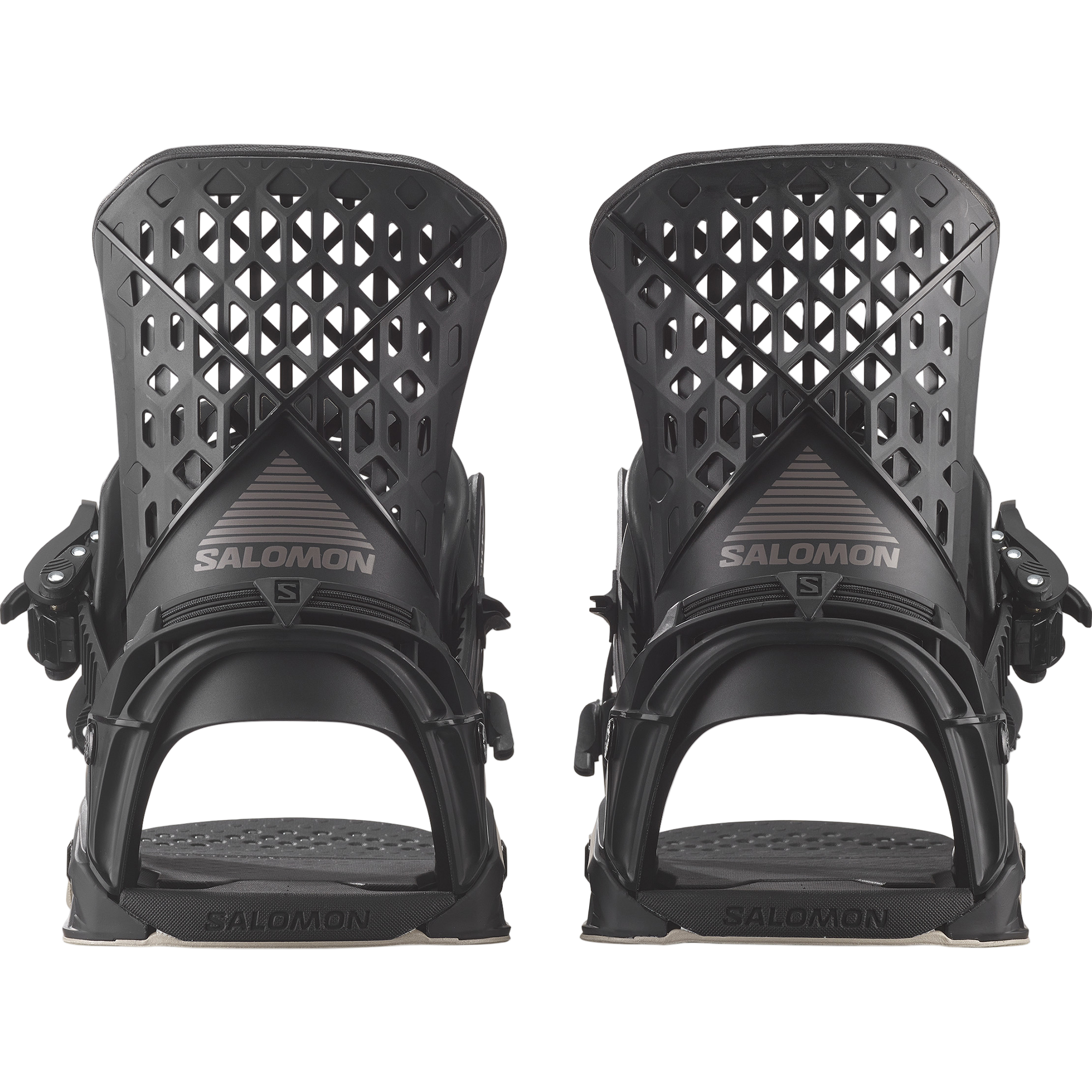 Salomon Highlander Snowboard Bindings - Black bindings with a geometric pattern on top of footbed and black straps.