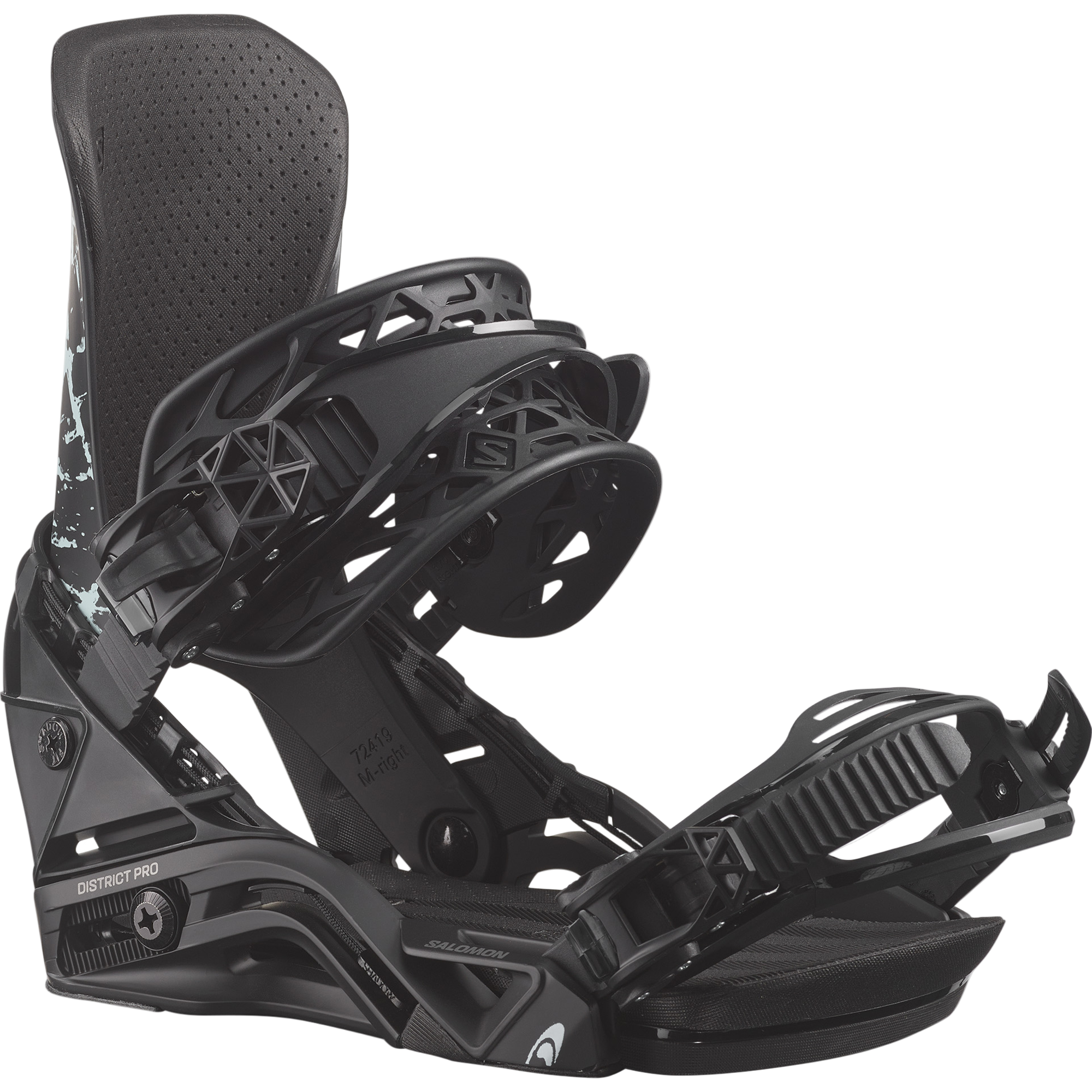 Salomon District Pro Snowboard Bindings - Black bindings with white lettering and logos on straps, straps have a textured pattern.