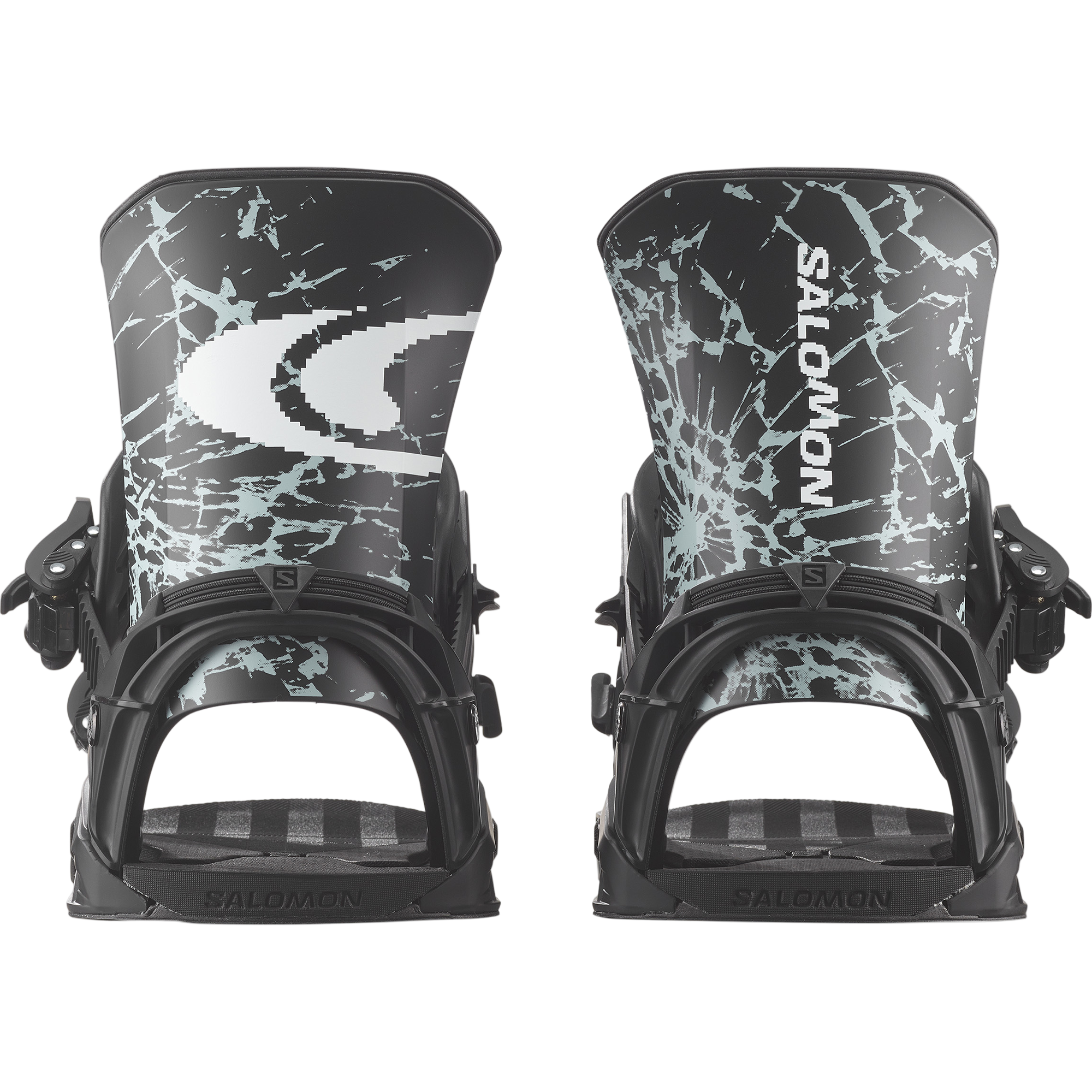 Salomon District Pro Snowboard Bindings 2026 - A pair of black snowboard bindings with a white logo on top and a textured footbed.