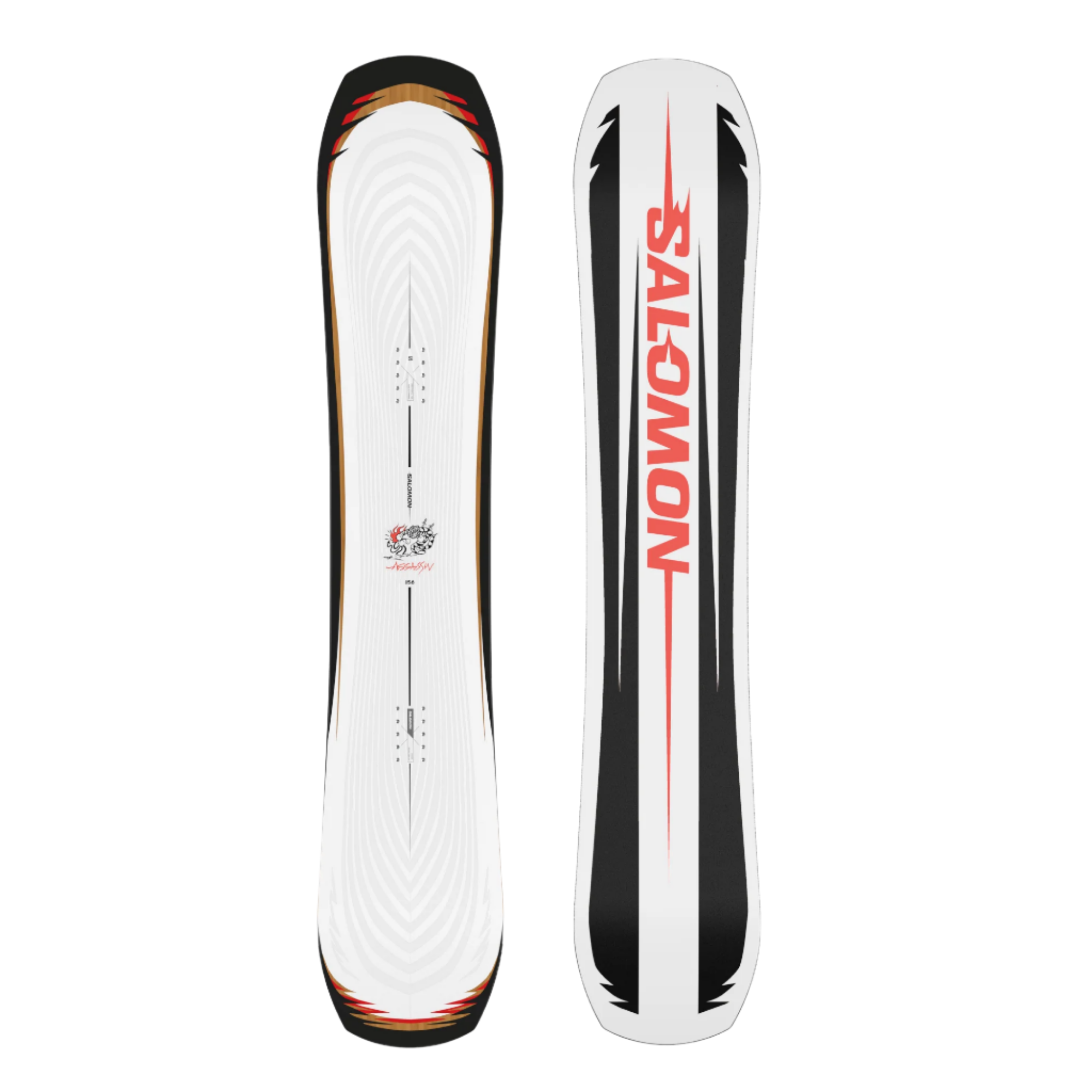 Salomon Assassin Snowboard - White snowboard with black trim, featuring a red logo and distinctive hardware on top.