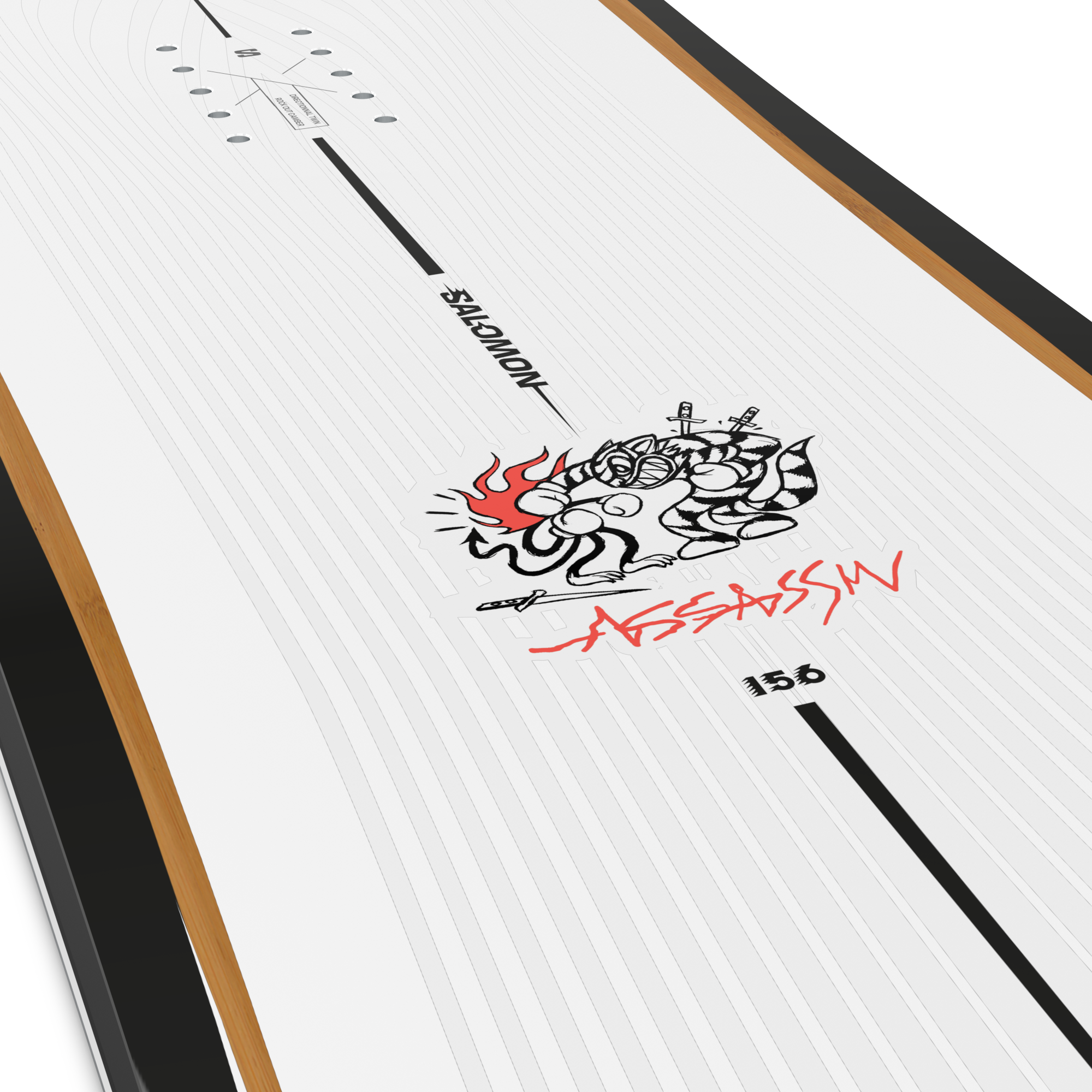 Salomon Assassin Snowboard 2026 - A white snowboard with black stripes on the top and bottom, featuring a red logo in the center.